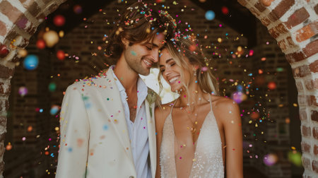 Happy Couple at Wedding Reception under Confetti Showerの素材