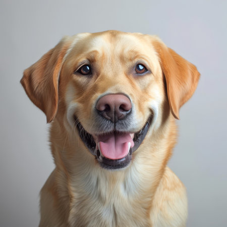 A happy golden retriever dog with a big smile on its faceの素材