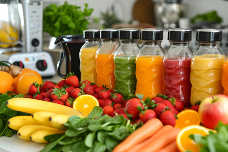 A variety of fresh and healthy juices and ingredients are on the tableの素材