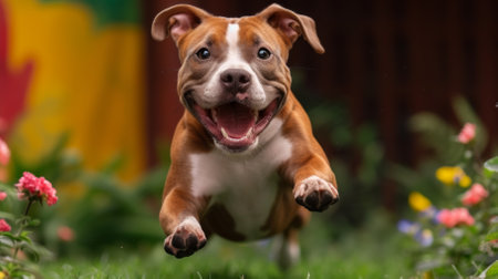 A happy brown and white pit bull terrier dog is running in mid-air in a grassy field with flowers on either sideの素材
