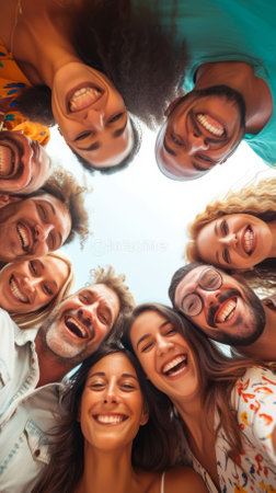 A group of diverse friends huddle together and smile down at the cameraの素材