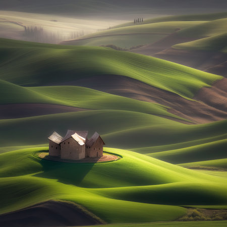 Small houses on a green rolling hills landscapeの素材