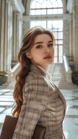 Elegant young woman in a suit posing in a luxurious hallの素材