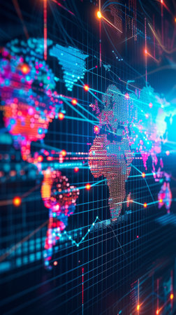 A digital representation of the world map with glowing connection lines and data points.の素材