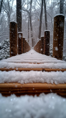 Wooden bridge covered with snow in a snowy forestの素材