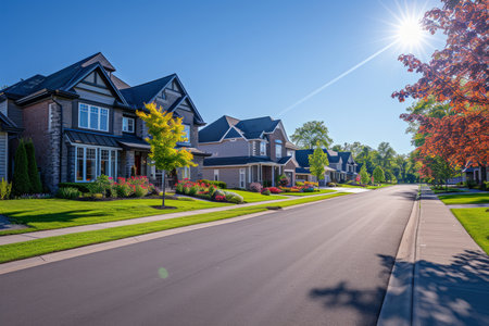 A wide, tree-lined suburban street with large detached housesの素材