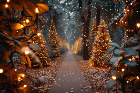 A beautiful winter scene with a path lit by Christmas treesの素材