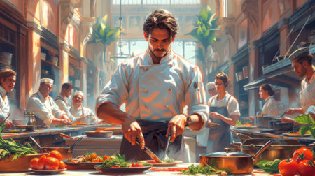 A chef is cooking in a kitchen with other chefs around himの素材