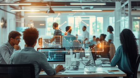 Diverse group of business professionals working together in a modern office using computers and technology to analyze data and solve problemsの素材