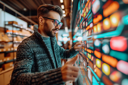 Bearded man in glasses using a digital touch screenの素材