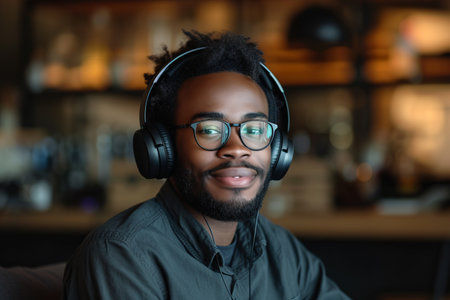 A young African-American man wearing headphones and glasses smiles at the camera.の素材