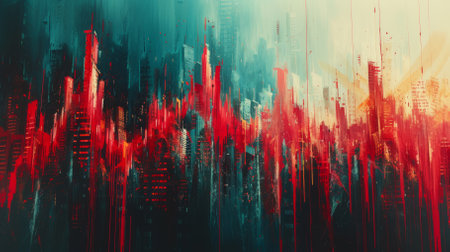 Artistic painting of a vibrant cityscape with a blue and red color schemeの素材