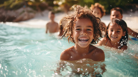 Happy children playing in the waterの素材