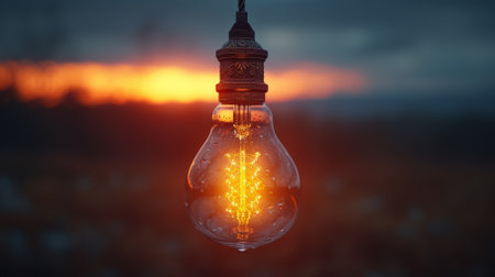 Light bulb hanging from a wire with a sunset in the backgroundの素材