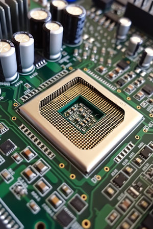 Close-up image of an empty CPU socket on a computer motherboardの素材
