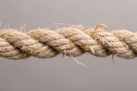 Close up of a thick rope against a gray backgroundの素材