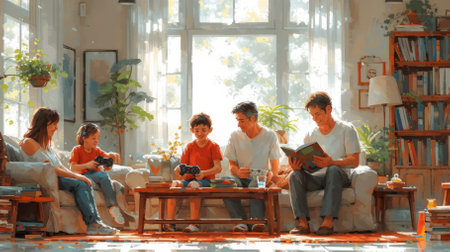 Family of four relaxing in a sunlit living roomの素材