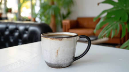 Black coffee in a white and brown mug on a white table with green plants and a brown couch in the backgroundの素材