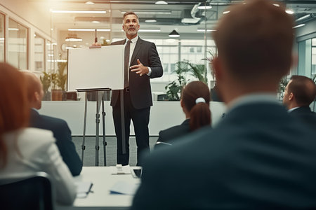Businessman giving presentation to colleagues in officeの素材