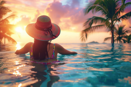 woman in hat relaxing in infinity pool enjoying sunsetの素材