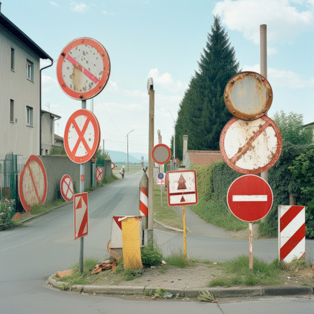 rusty road signs in front of a residential buildingの素材