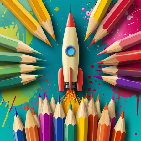 A rocket ship surrounded by colored pencilsの素材