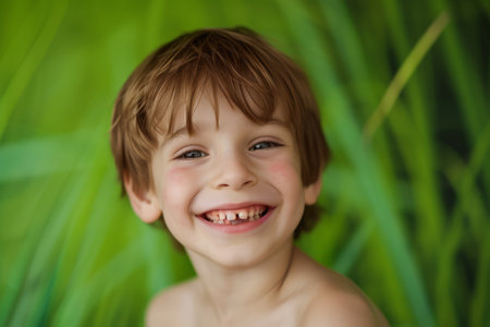 Portrait of a happy smiling caucasian boy with missing teeth against a green backgroundの素材