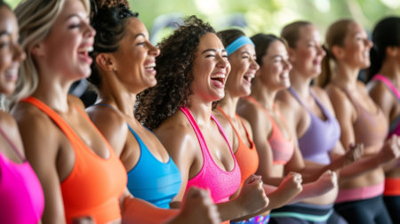 Ecstatic multiethnic women celebrating their fitness journey togetherの素材