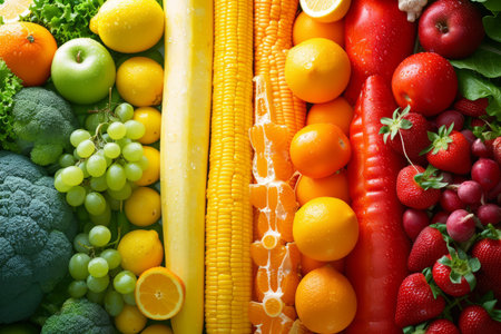 A variety of fresh fruits and vegetables are arranged in a rainbow pattern.の素材