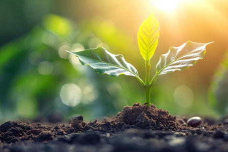 A coffee plant growing in the soil with a blurred background of a coffee plantationの素材