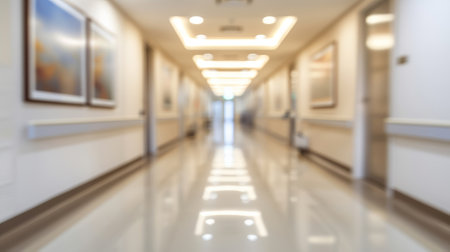Blurred image of a hospital hallway with paintings on the wallsの素材