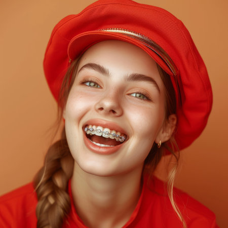 Close-up portrait of a smiling young woman with braces on her teethの素材