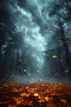 Mystical Autumn Forest During a Thunderstormの素材