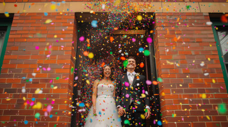 A happy couple is showered with confetti as they exit a building.の素材