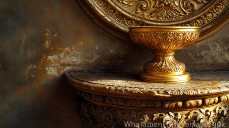 ornate golden goblet on a wooden table against a dark backgroundの素材