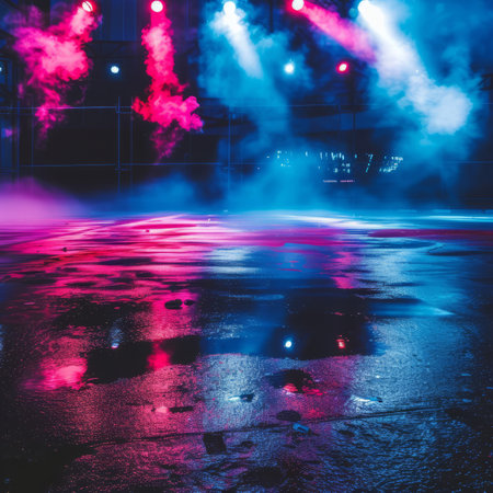 Pink and blue lights reflecting off of a wet stageの素材