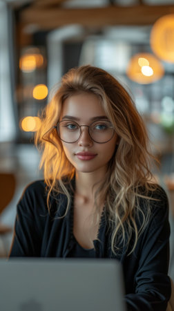 Portrait of a beautiful young woman with blond hair and blue eyes wearing glassesの素材