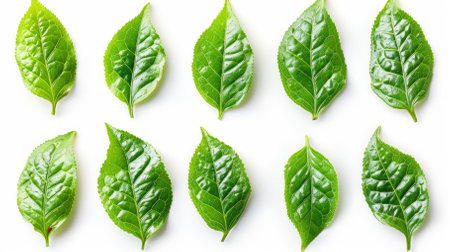 lush green tea leaves on white backgroundの素材