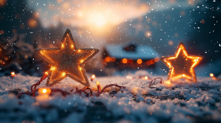 Two golden stars with warm lights on snow at sunset in winterの素材