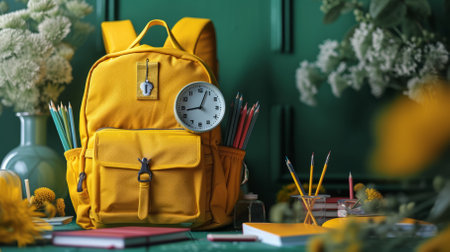 A backpack with school supplies sits on a table.の素材