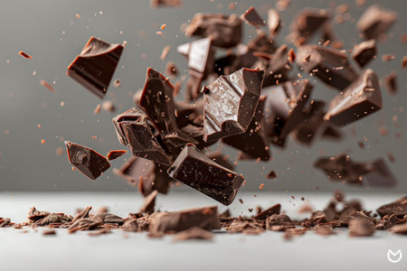 Flying chocolate chunks with cocoa powderの素材