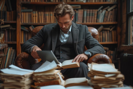 A man is reading a book in a libraryの素材