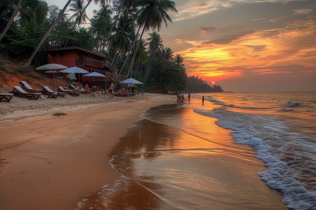 Beach sunset with palm trees and people walking on the beachの素材