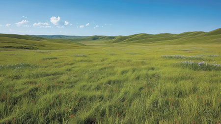 Vast green prairie landscape with rolling hills and a blue skyの素材