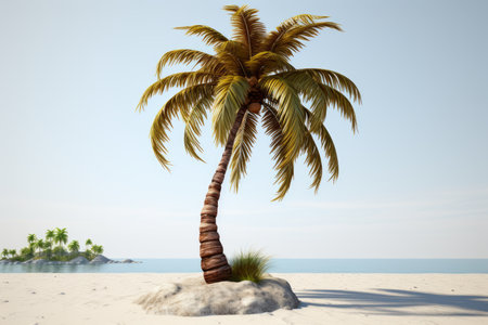 A lone palm tree on a sandy beach with a small island in the backgroundの素材