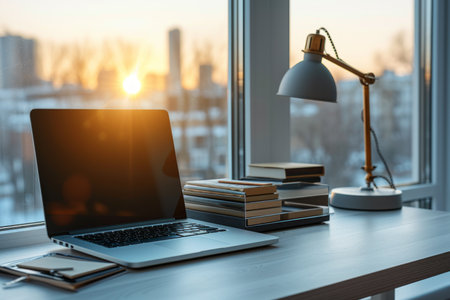 A desk with a laptop, books, and a lamp in front of a windowの素材
