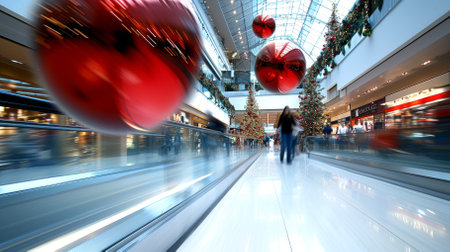 Motion blurred shopping mall with people walking and Christmas decorationsの素材