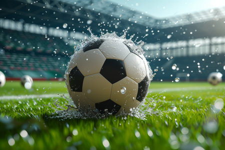 Black and white soccer ball on wet green grass fieldの素材