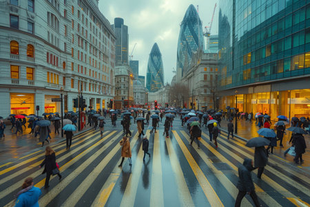 People crossing the road in the rain in the City of London financial district with the Gherkin and Cheesegrater buildings in the backgroundの素材