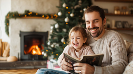 Father and daughter reading a book by the fireplaceの素材